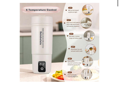 Reis-elektriese ketel, draagbare waterverwarmer met 6 veranderlike voorafinstellings, klein met warmhou-temperatuurkontroles en droogkookbeskerming 400 ml - (Wit)