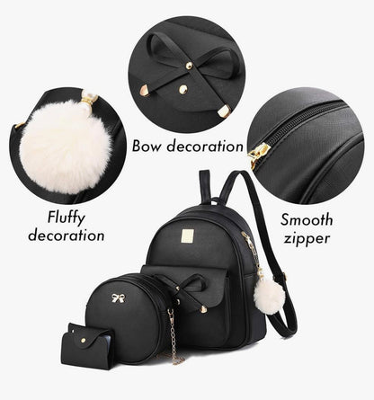 iGirls Bowknot 3-Stukke Mode Leer Rugsak Rugsakhandsak vir Vroue, Rucksack vir Dames Skouersak - (Swart)