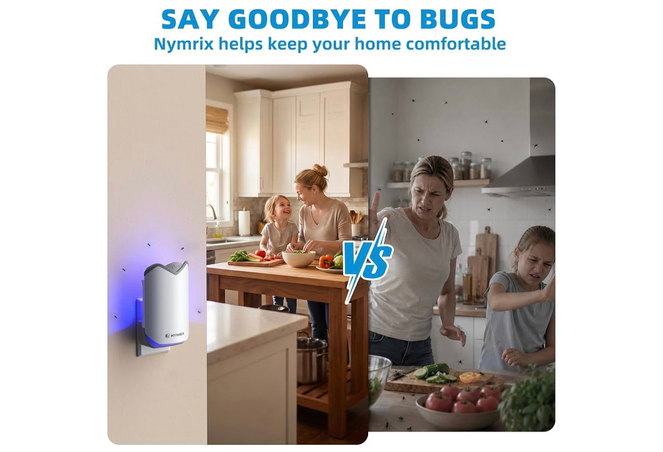 Nymrix Indoor Fly Trap, Plug-in Flying Insect Trap for Fruit Flies & Gnats 24/7 Blue Light Trap for House Flies & Mosquitoes, Works in Kitchens & Near Plants, Safe for Kids & Pets, 2 Bases + 6 Refills