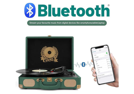 Viniel Plate Speler Bluetooth Draaitafel 3-Spoed Tas Draagbare Vintage Band-gedrewe Plate Speler met Ingeboude Luidsprekers RCA Lynuit AUX - (Donker Jagtergroen)