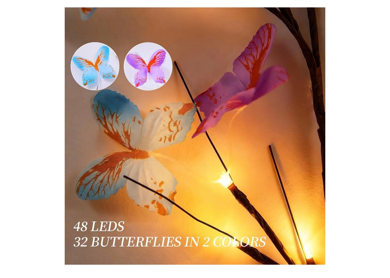 Wilgerranklig met Vlinder 48LED 1.8M Betowerde Muurversiering 8 Ligmodusse vir Binneshuise Huis Muurversiering - (Warm Wit)