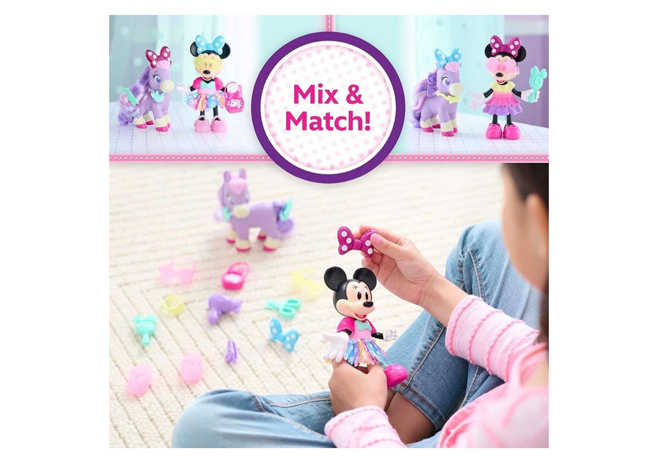 Disney Junior Minnie Muis Versorgings- en Glansponiestel, Posisioneerbare 21-stuk Pop- en Bykomstighedestel, Kinderspeelgoed vir Ouderdomme 3+