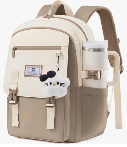 Skoolrugsak 15.6" Waterbestande Terug-skool toe-rugsakke, Oulike Kinderboeksak Met Hanger, Groot Kollege Reisdagrugsak - (Khaki & Room)