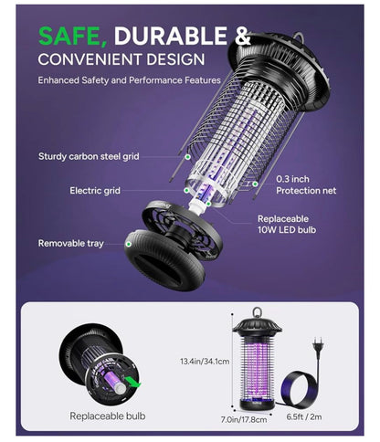 LED Insekdoder Binne Buite, Tot 50 000 Uur Lewensduur Lamp, Energiebesparend & Dubbelband Aantrekking, 1.7 m Kragkoord, Hoëspanning Muskietvlieg Doder Val - (Nuut Swart)
