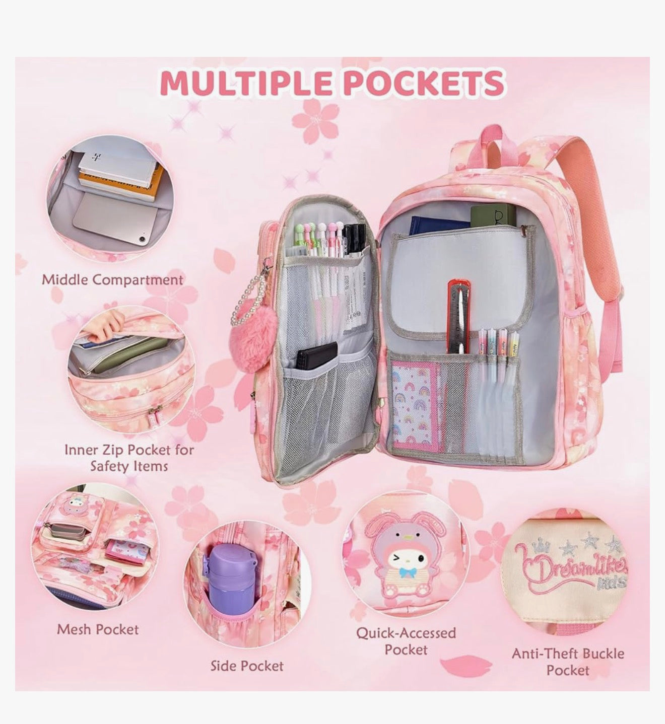 Kids Backpack 17 inches for Girls, Cartoon School Bag for Elementary Middle School Students Book Bag - (Pink)