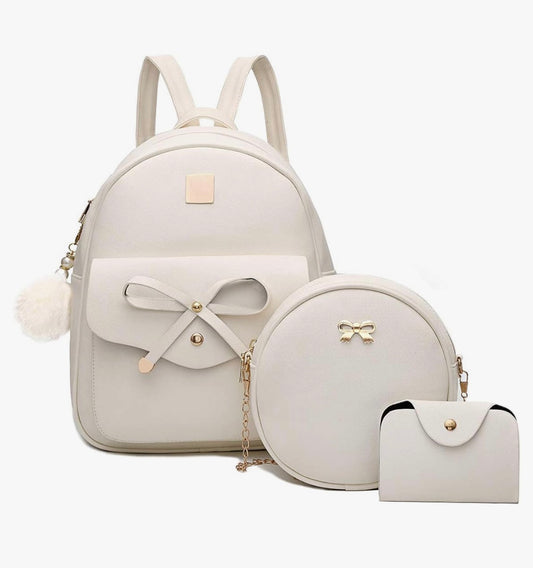 iGirls Bowknot 3-Stukke Mode Leer Rugsak Rugsakhandsak vir Vroue Ruksak vir Dames Skouersak - (Beige)