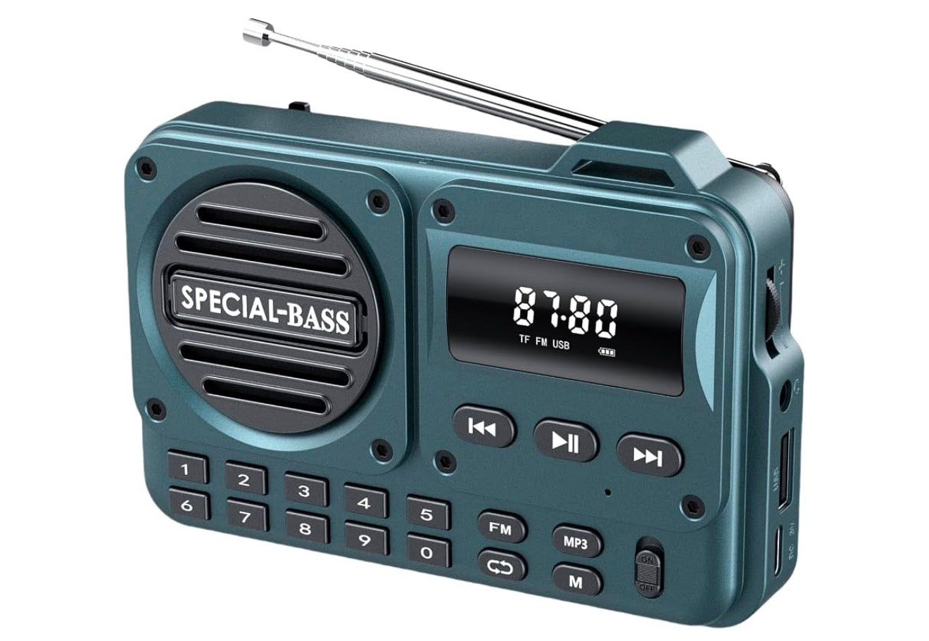Sakradio FM USB-C Laai 2000mAh Herlaaibaar Uitstekende Ontvangs Duidelike Luidspreker en Oorfoonpoort, LCD-skerm, FM-radio vir Stap/Draf/Gimnasium, Bluetooth/TF. (GEEN AM NIE) – (Turkoois)