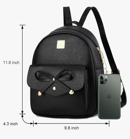 iGirls Bowknot 3-Stukke Mode Leer Rugsak Rugsakhandsak vir Vroue, Rucksack vir Dames Skouersak - (Swart)