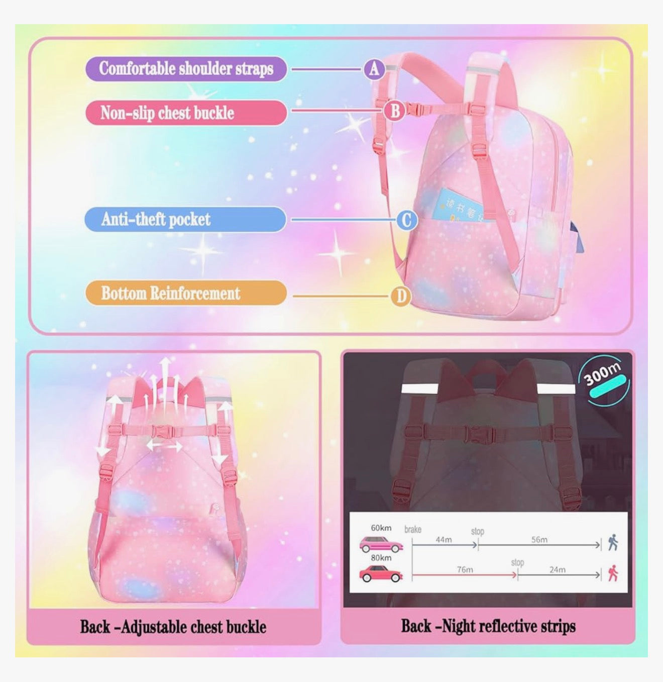 Rainbow Backpack For Girls Kids, Cute Student School Backpack With Pen Bag, Laptop Travel Bag (Pink)