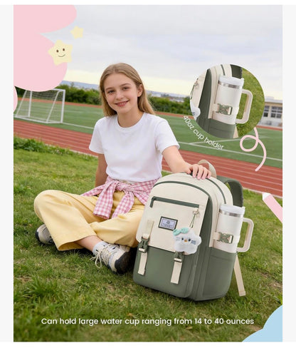 Skoolrugsak 15.6" Waterbestande Terug-skool toe-rugsakke, Oulike Kinderboeksak Met Hanger, Groot Kollege Reis dagsak - (Saliegroen & Room)