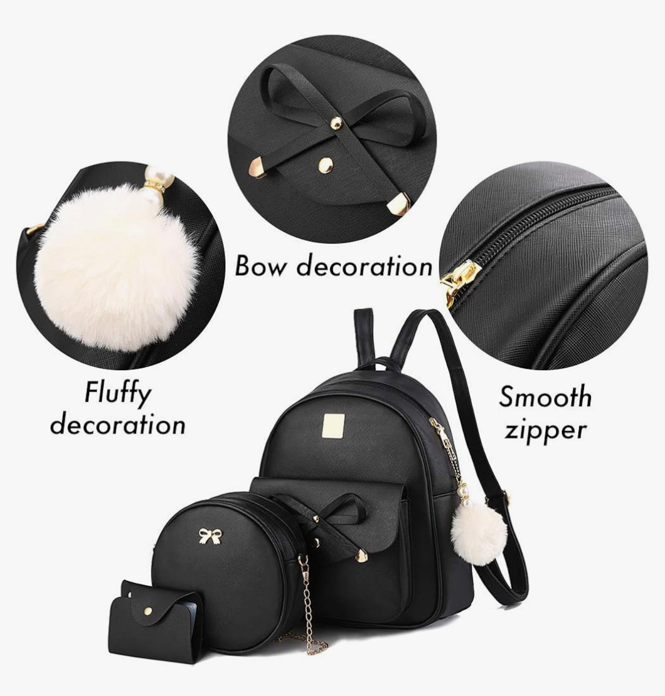 iGirls Strikkie 3-Stukke Mode Leer Rugsak Rugsakhandsak vir Vroue, Rucksack vir Dames Skouersak - (Pers)