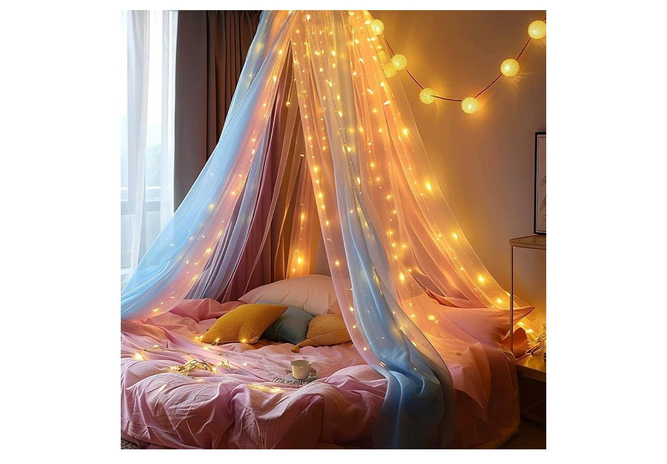 Muskietnet Bedkap Rainbow met LED-liggies Bedgordyne Volgrootte van Plafon, Koepelmuskietnet Beddekor