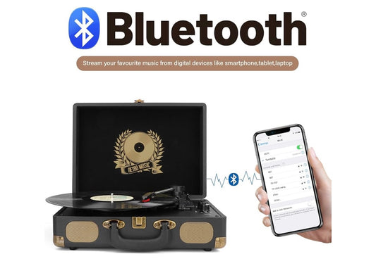 Vinielplaatspeler Bluetooth Platenspeler 3-Spoed Tas Draagbare Vintage Bandgedrewe Platenspeler met Ingeboude Luidsprekers RCA Lynuitgang AUX - (SWT)