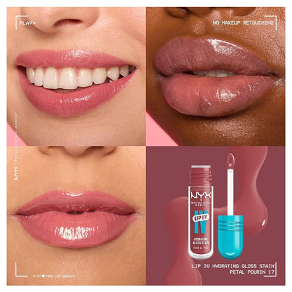 NYX PRO MAKEUP Lip IV Hydrating Glossy Lip Stain, Langdurig, Getint, Veganistiese Formule met 12 UUR Hydrasie – Petal Pourin' (Pienk)