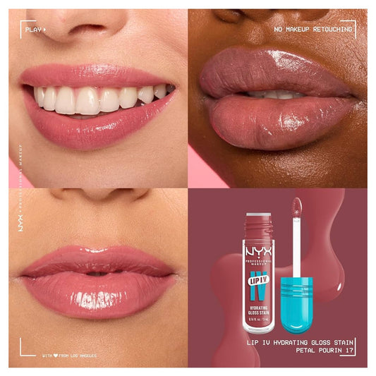 NYX PRO MAKEUP Lip IV Hydrating Glossy Lip Stain, Langdurig, Getint, Veganistiese Formule met 12 UUR Hydrasie – Petal Pourin' (Pienk)
