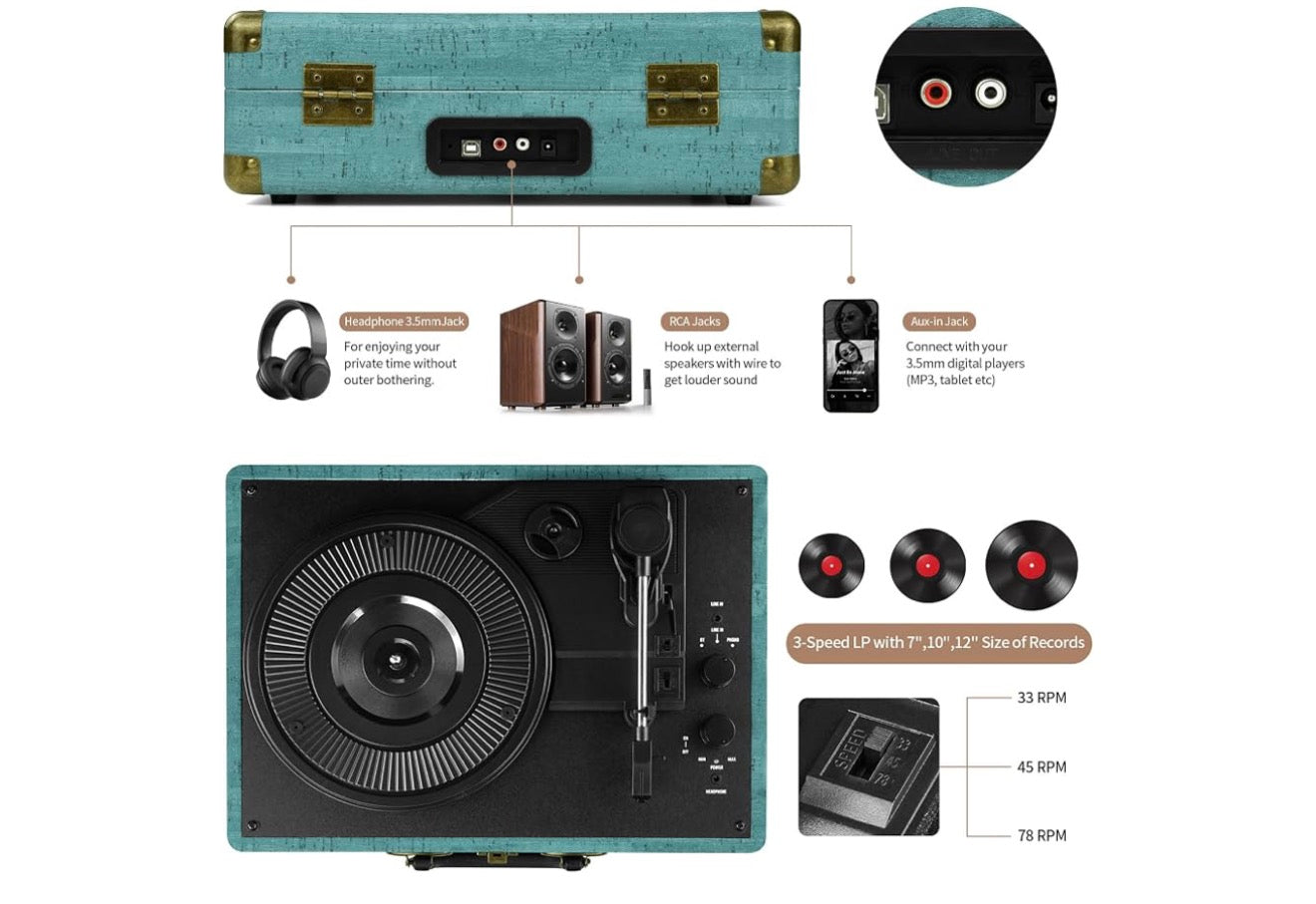 Vinylplatspeler 3-spoed Bluetooth Koffer Draagbaar Riemaangedrewe, Ondersteun Bluetooth, RCA-uitset, 3.5mm aux-ingang en Oorfone - (Vintage)