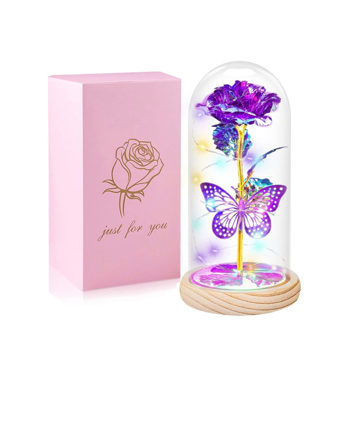 Red Timeless Crystal Rose w/ Butterfly - Illuminated Dome Glass - Special Occasion/Gifts
