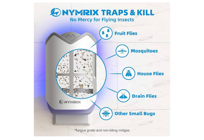 Nymrix Flying Insect Trap, Plug-in Indoor Fly Trap for Fruit Flies & Gnats
24/7 Blue Light Trap for House Flies & Mosquitoes, Works in Kitchens & Near Plants, Safe for Kids & Pets, 1 Base + 2 Refills