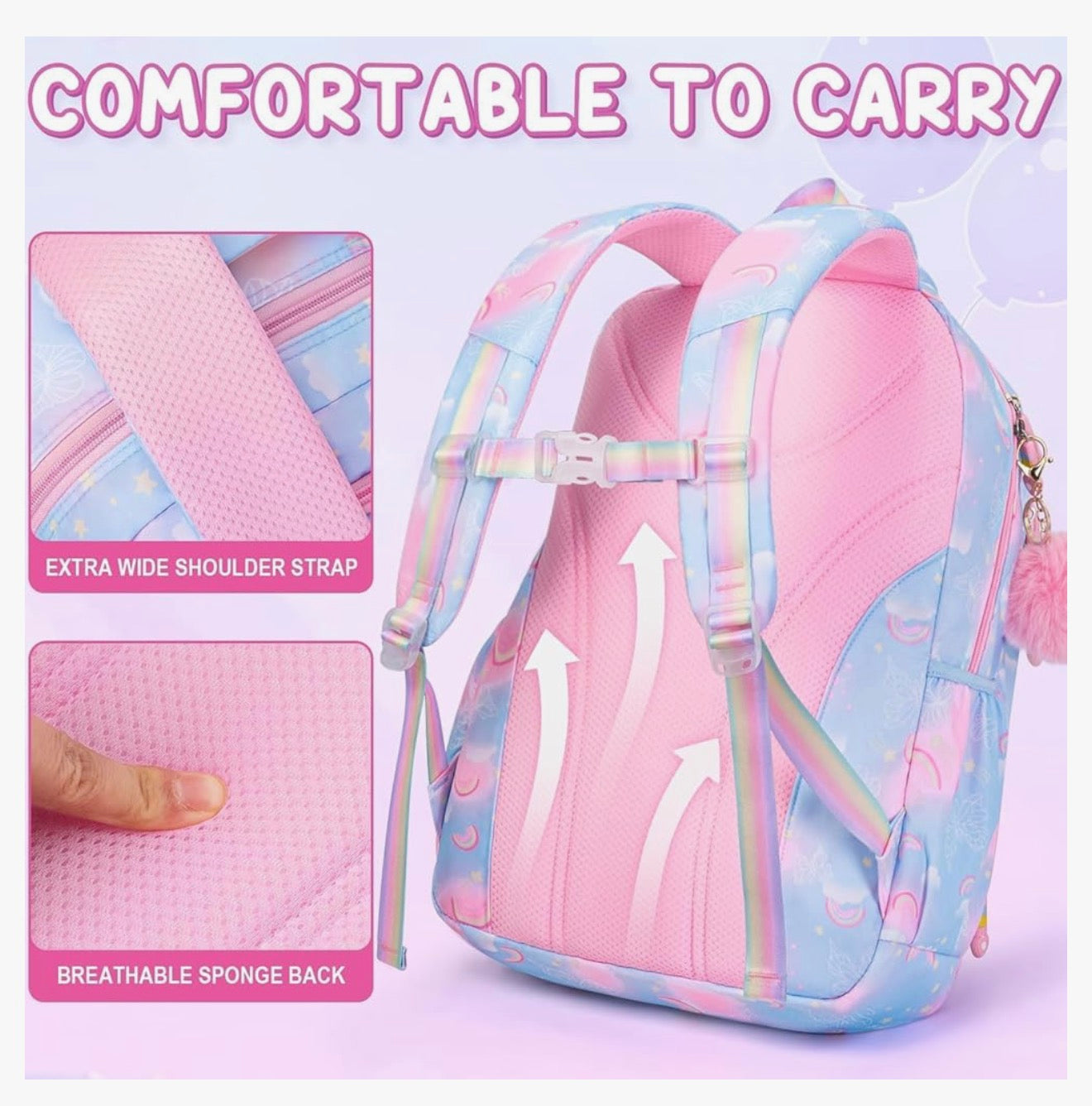 Kids Backpack - 3PCS Rainbow & Butterflies Teen Girls Backpack w/ Lunch Box & Pencil Case, Cute Pink Bookbag School Bag for Kindergarten Elementary Middle School Student Ages 5+