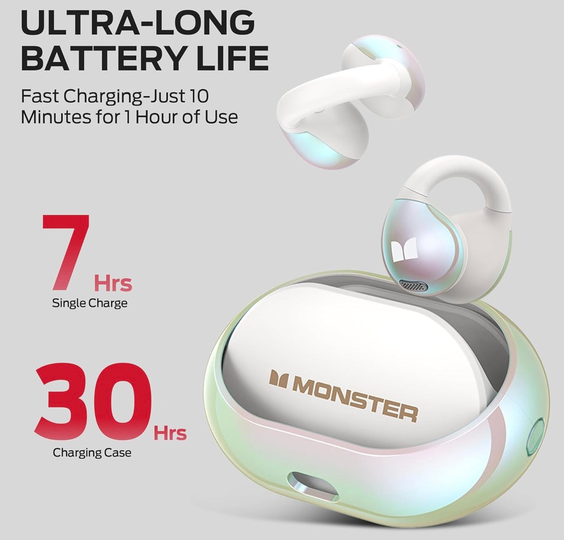 Monster Open Ear Earbuds w/ HiFi Stereo, Clip-On ENC Clear Call, 21H Playtime, IPX6 Waterproof Sport Outdoor