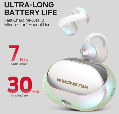 Monster Open Ear Earbuds w/ HiFi Stereo, Clip-On ENC Clear Call, 21H Playtime, IPX6 Waterproof Sport Outdoor