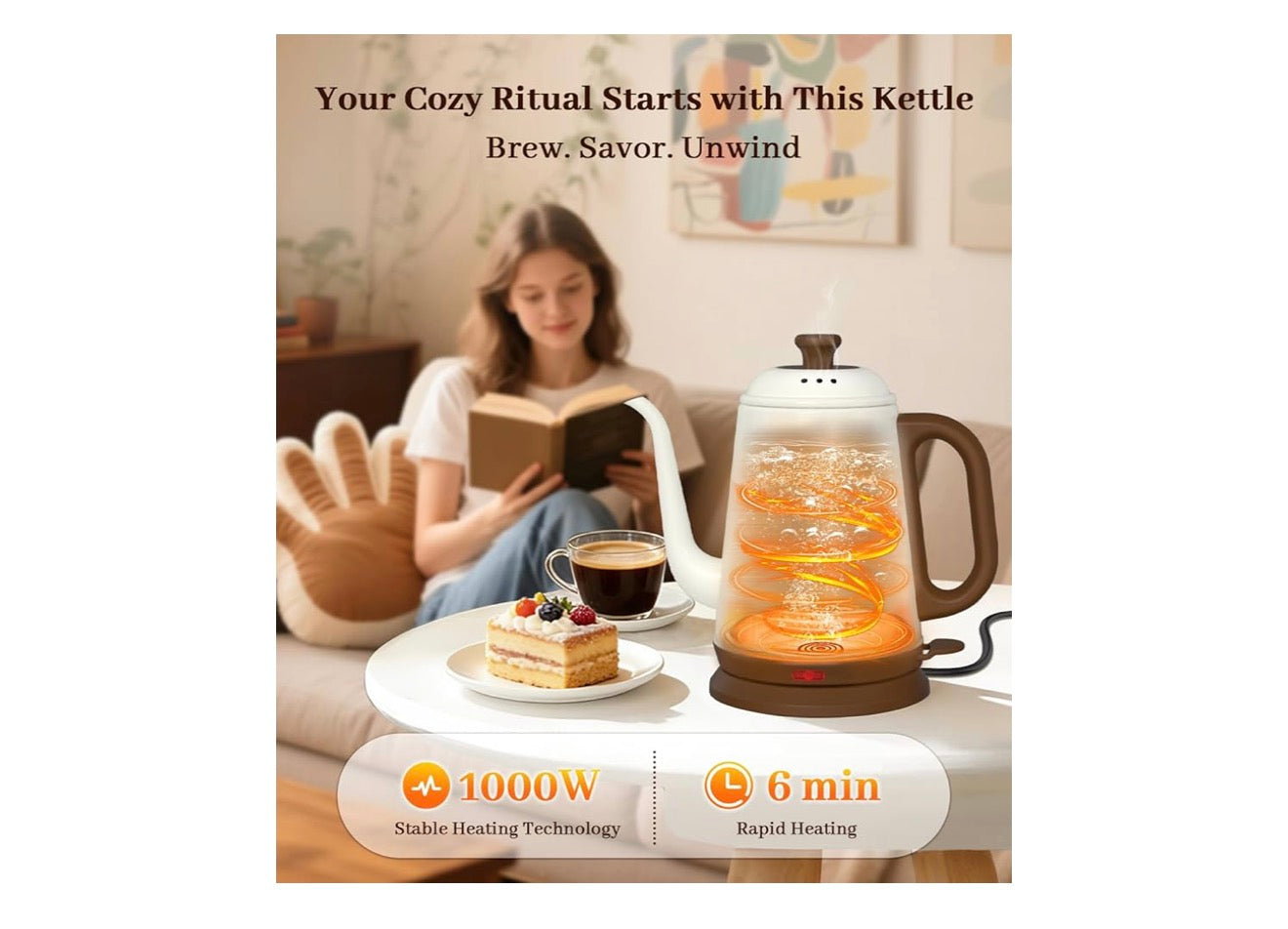 Elektriese Ketel 1L, 1000W Vinnige Kook vir Oorgietkoffie & Tee, Vlekvrye Staal BPA-vry, Presiese Vloeituit, Outo-afskakeling & Droogkookbeskerming Retrostyl (Wit)
