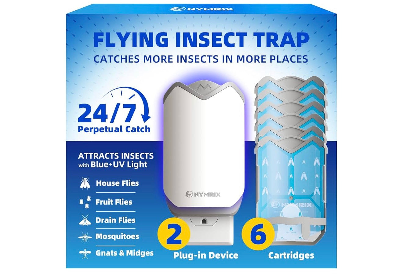 Nymrix Indoor Fly Trap, Plug-in Flying Insect Trap for Fruit Flies & Gnats 24/7 Blue Light Trap for House Flies & Mosquitoes, Works in Kitchens & Near Plants, Safe for Kids & Pets, 2 Bases + 6 Refills