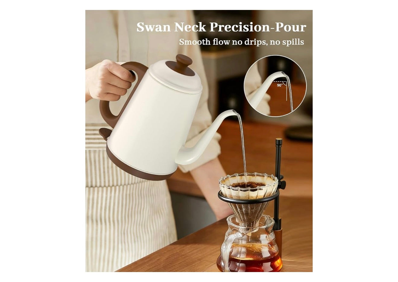 Elektriese Ketel 1L, 1000W Vinnige Kook vir Oorgietkoffie & Tee, Vlekvrye Staal BPA-vry, Presiese Vloeituit, Outo-afskakeling & Droogkookbeskerming Retrostyl (Wit)