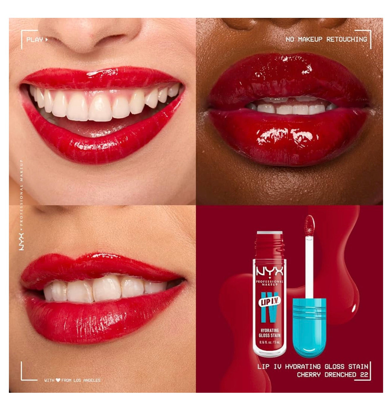 NYX PRO MAKEUP Lip IV Hydrating Glossy Lip Stain, Langdurig, Getint, Veganistiese Formule met 12 UUR Hidrasie - Cherry Drenched (Rooi)