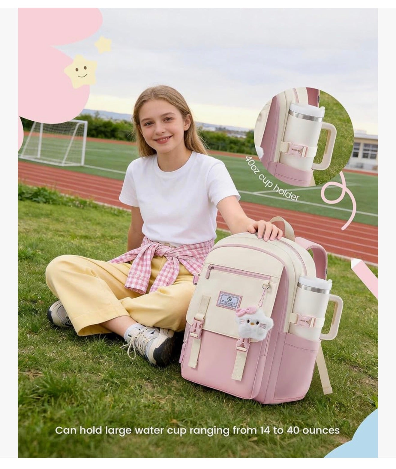 Skoolrugsak 15.6" Waterbestande Terug-skool-toe-rugsakke, Oulike Kind Boeksak Met Sjarme, Groot Kollege Reisdagpak - (Pienk & Room)