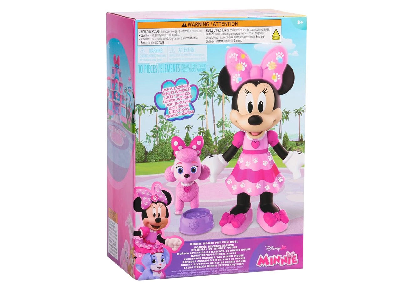 Disney Jr. Minnie Mouse Troeteldierpretpop, 25.4 cm Posisioneerbare Minnie-pop met Liggie- en Klankeffekte, Toebehore, Pienk Poedel Speelding, Geskenk vir Kinders, Ouderdomme 3 en Op+