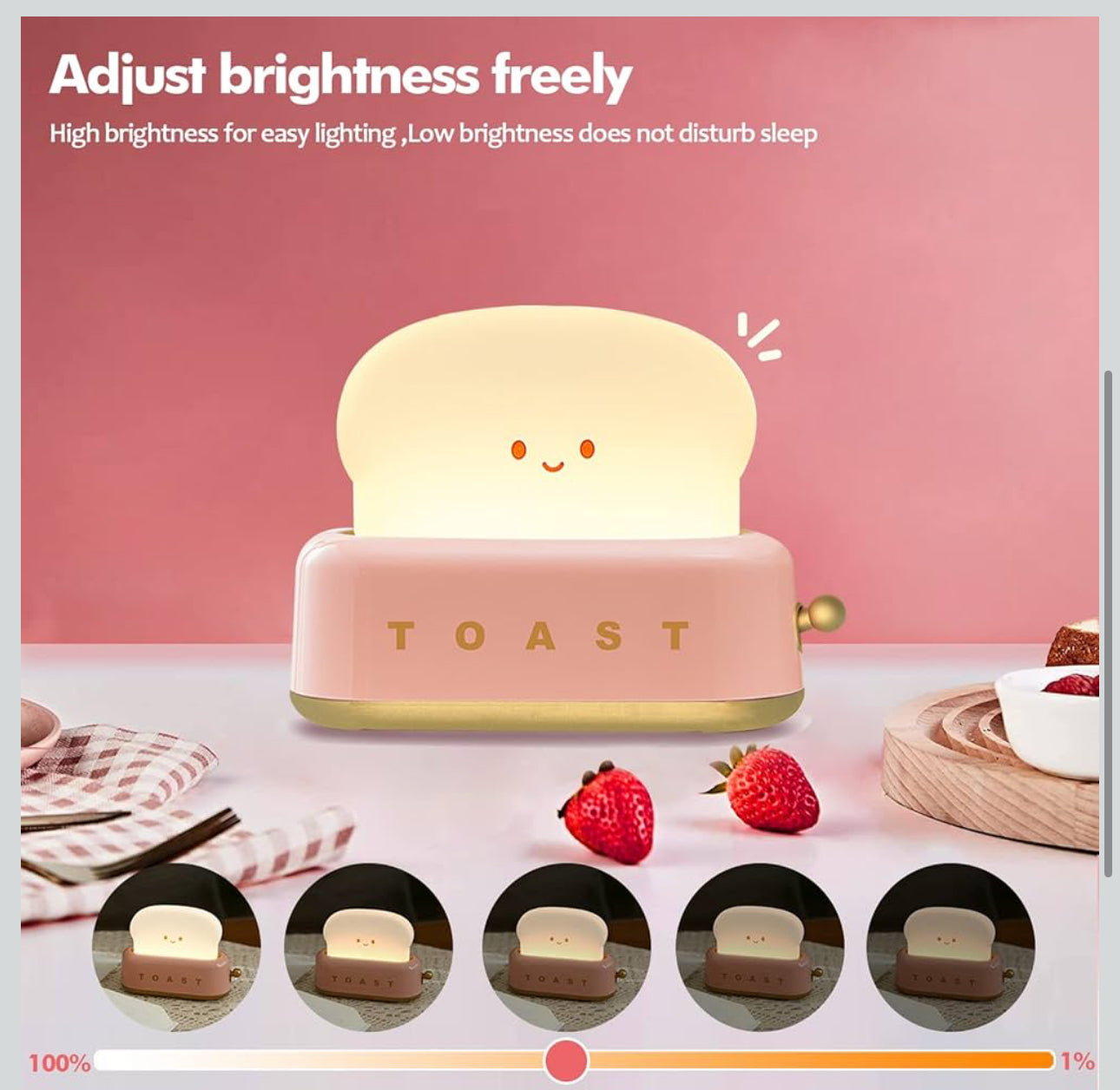 PINK - Desk Decor Toaster Lamp, Kawaii LED Toast Bread Night Light Rechargeable and Portable Light with Timer