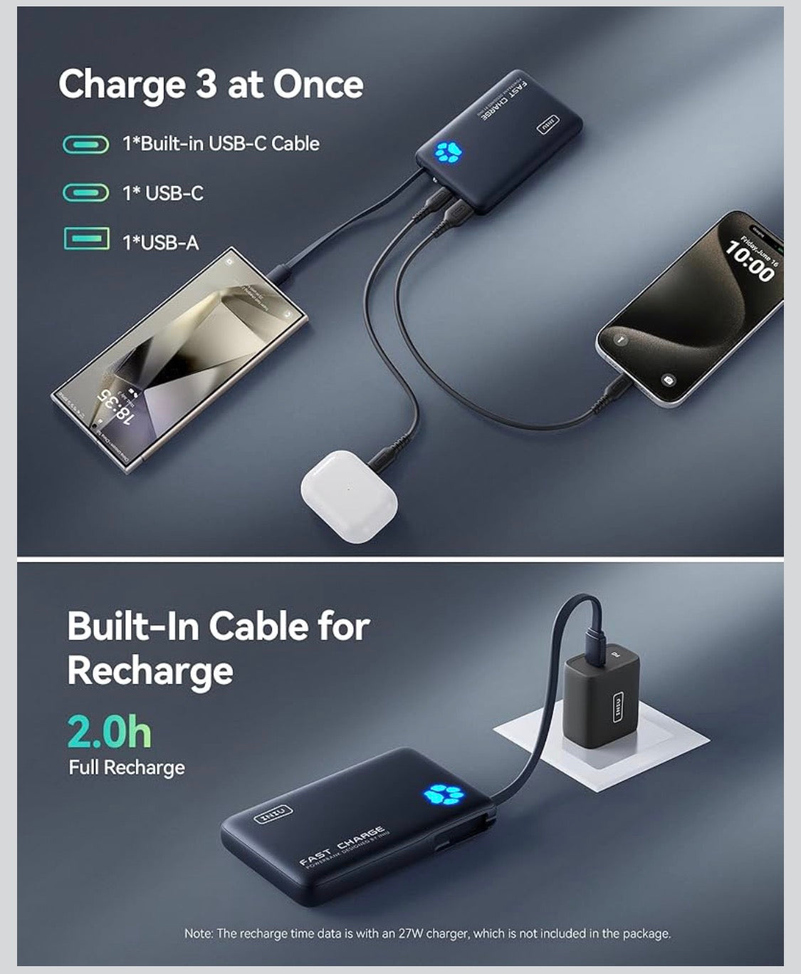 INIU PawGo Portable Charger, 45W PD 10000mAh Slim Power Bank with Built-in USB-C
