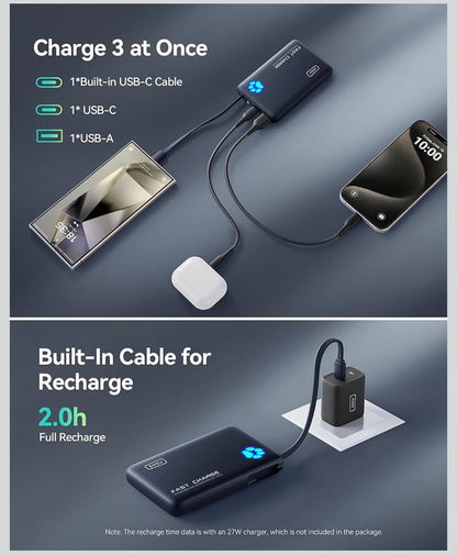 Portable Charger, Slim 10000mAh Power Bank with Build in USB-C Cable, 45W Fast Charging Mini Battery Pack - Yellow