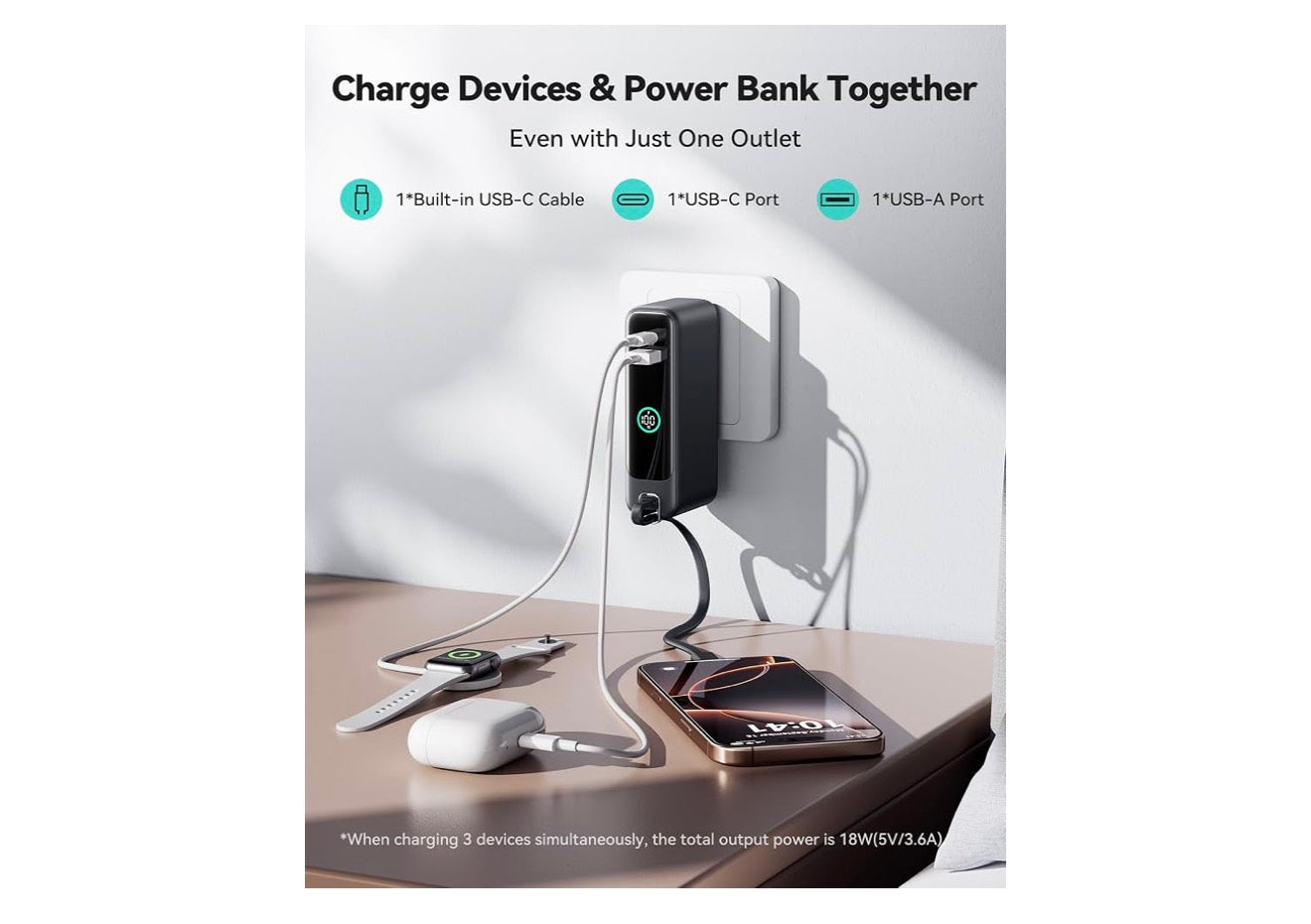3-in-1 Portable Charger 30W Fast Charging Portable Charger w/ Built-in Cable & AC Wall Plug 10000mAh, Small, Fast Charging, Built-in USB C Cable - (Black)