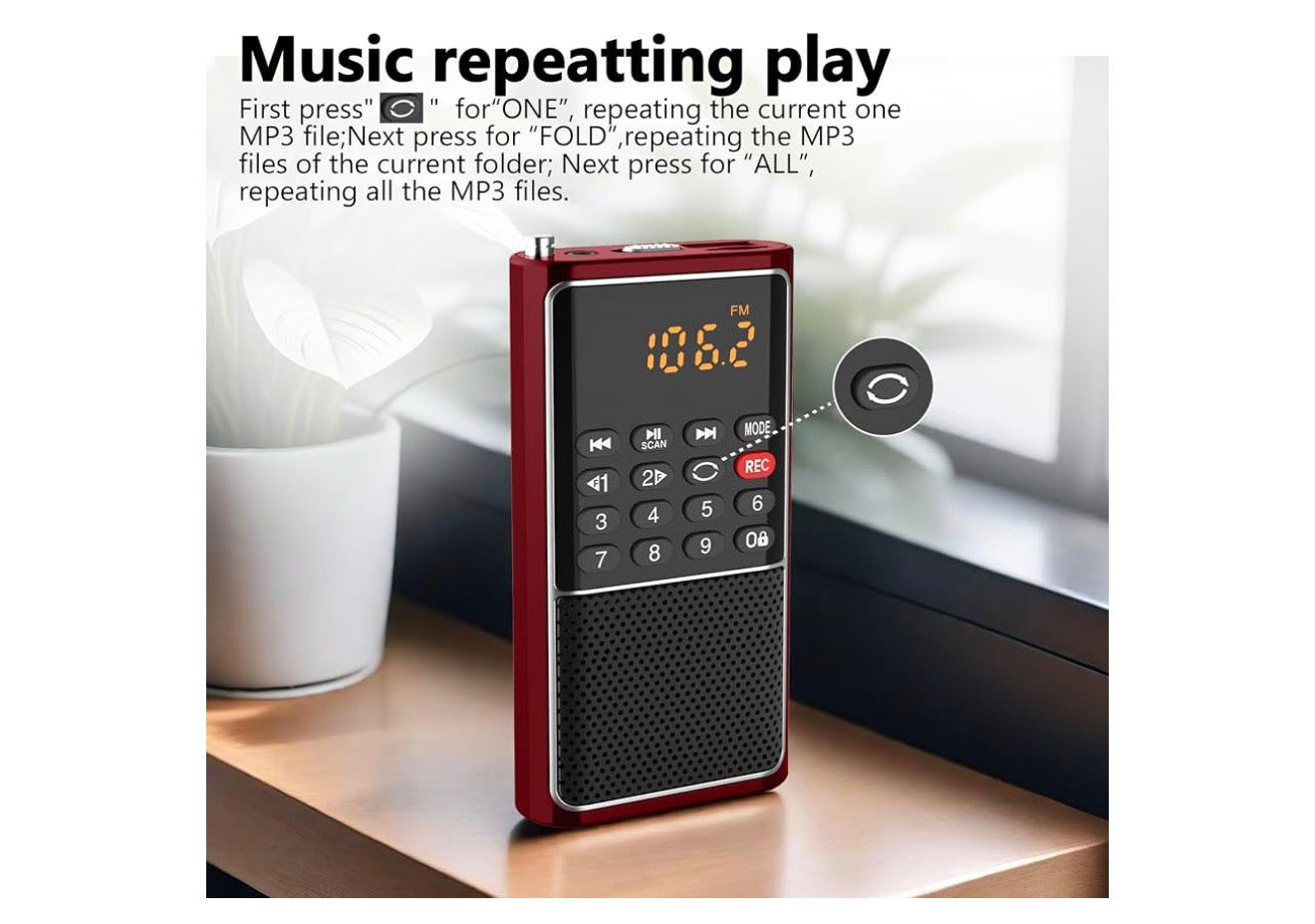 Mini Draagbare FM-radio-USB-speler, TF/SD-kaart/USB-gleufondersteuning Mp3-speelopname, Sak-Walkman Klein radio met sluitsleutel, Polsband, Herlaaibare battery-aangedrewe, Uitstekende ontvangs en klank - (Rooi)