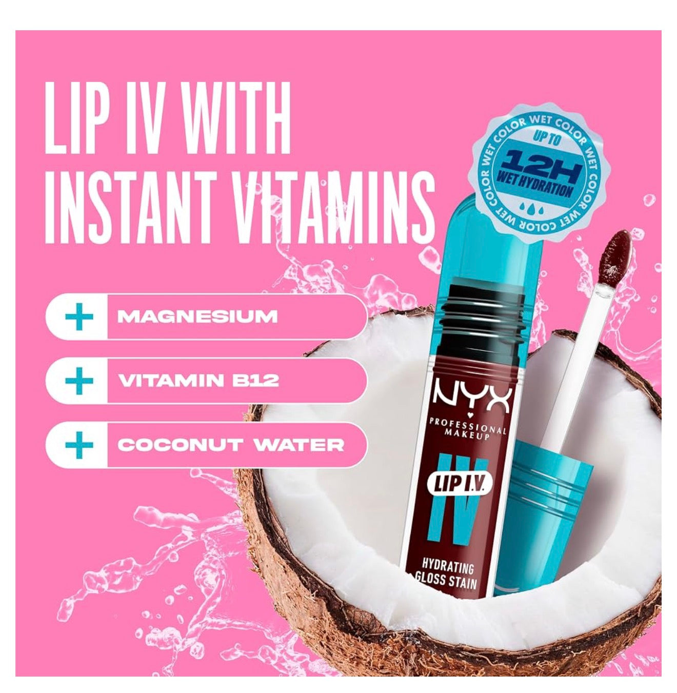 NYX PRO MAKEUP Lip IV Hydraterende Glans Lip Stain met 12H Hidrasie – Water Bout Wine (Rooi)