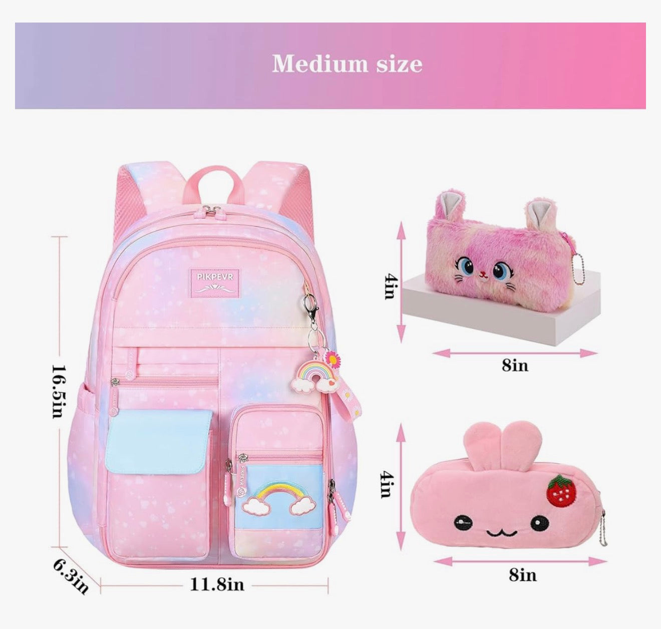 Rainbow Backpack For Girls Kids, Cute Student School Backpack With Pen Bag, Laptop Travel Bag (Pink)