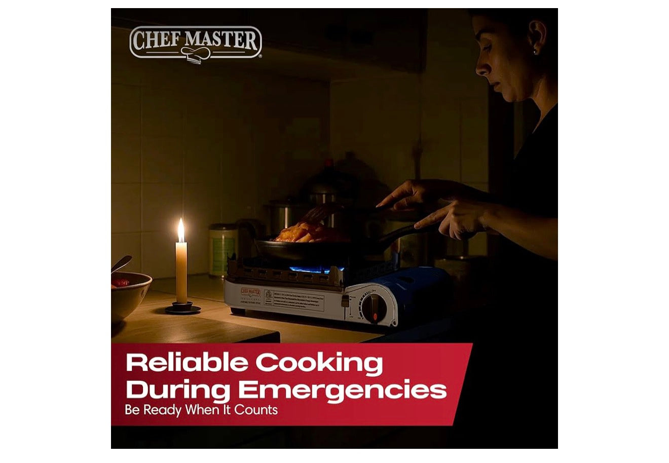 Chef Master 15,000 BTU Butane Portable Camp Stove | Double Wind-Guard Portable Stove Burner w/Piezo Click Ignition for Emergencies, Tailgating, Hiking, Backpacking & Camping Essentials - 90019
Double Wind Guard, Piezo Ignition, Canister Safety Lock, Press