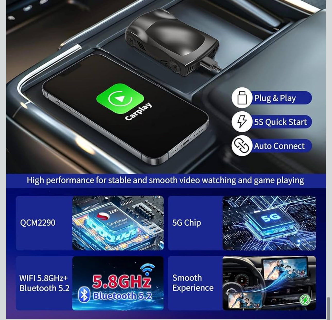 New Wireless Carplay & Android Auto Adapter with Netflix YouTube TikTok, CarPlay Wireless Adapter for Cars with OEM Wired CarPlay