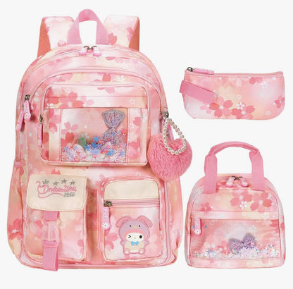 Kinderstelle Rugsak 17" vir Dogters, Spotprent Skooltas vir Laerskool Middelbare Skool Studente Boekentas met Kosblik & Potloodsakkie - (Pienk