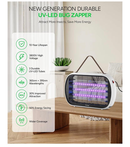 Opgedateerde LED-insekdoder vir binne, LED-gloeilampe tot 50 000 uur, 3800V Kragtige elektriese muskietdoder, Vlieëval Muskietval, Vlieëdoder Vlieëvanger - (Wit)