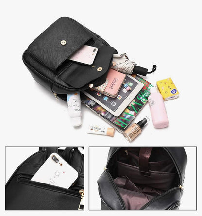 iGirls Bowknot 3-Stukke Mode Leer Rugsak Rugsakhandsak vir Vroue, Rucksack vir Dames Skouersak - (Swart)
