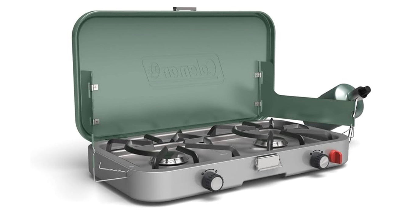 Coleman 3-in-1 Buitenkampeerstoof, Draagbare Kookplaat met Ingesluit Gietyster Braai- en Roosteraanhegtings, 24 000 BTU's Krag vir Kampering, Agterklepbraai, Braai