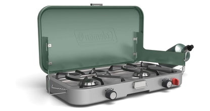 Coleman 3-in-1 Buitenkampeerstoof, Draagbare Kookplaat met Ingesluit Gietyster Braai- en Roosteraanhegtings, 24 000 BTU's Krag vir Kampering, Agterklepbraai, Braai