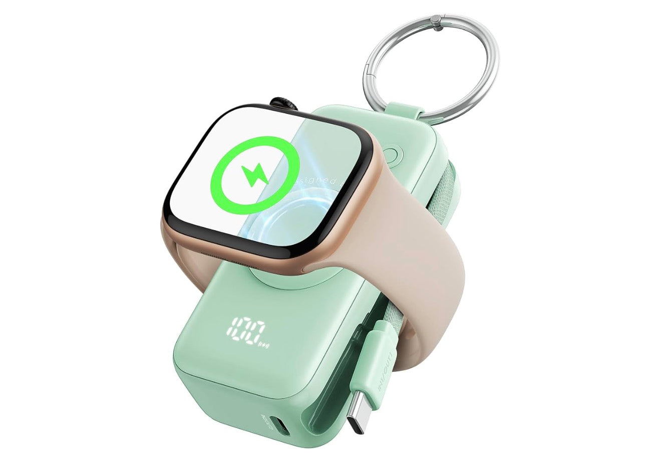INIU SnapGo Portable Charger, 5000mAh Mini Power Bank for Apple Watch, Green 20W Fast Charging, Travel Keychain, Built-in USB-C Cable, Flight-Safe, Battery Pack for Apple Watch, iPhone 17 etc, Green