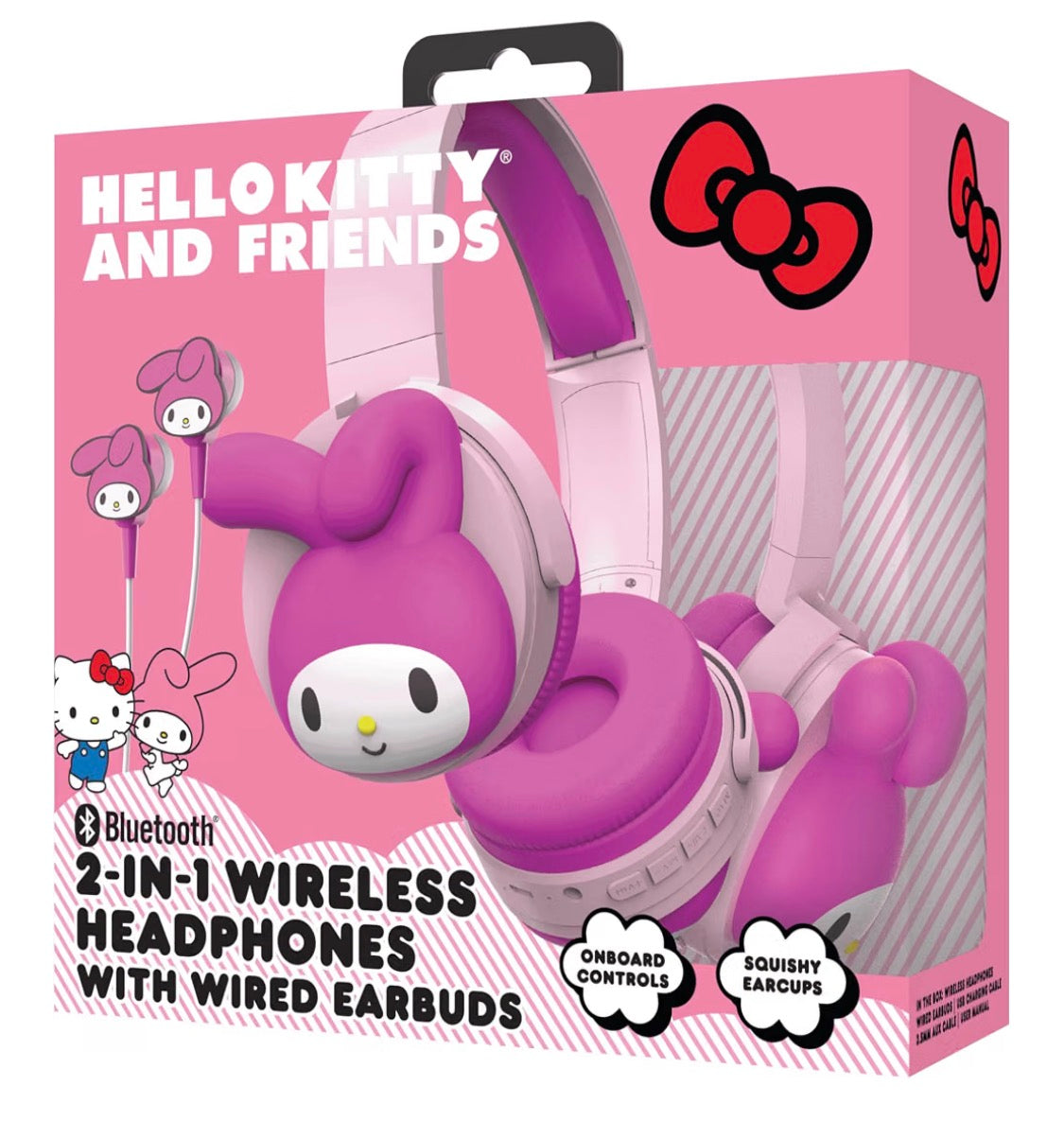 Hello Kitty 2-in-1 Wireless Bluetooth Headphones with Wired Earbuds – Foldable Over-Ear Headset with Built-in Mic, AUX Cable, Adjustable Headband, and Onboard Controls – My Melody