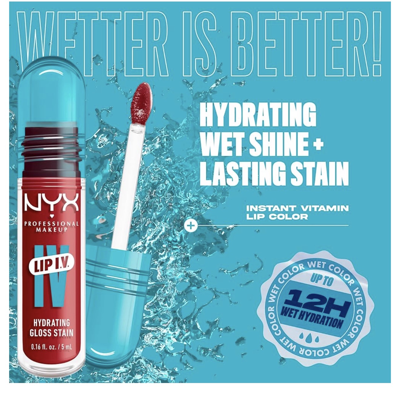 NYX PRO MAKEUP Lip IV Hydrating Glossy Lip Stain met 12H Hidrasie – Berry Thirsty (Rooi)