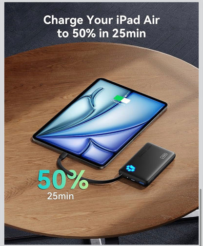 Portable Charger, Slim 10000mAh Power Bank with Build in USB-C Cable, 45W Fast Charging Mini Battery Pack - Yellow
