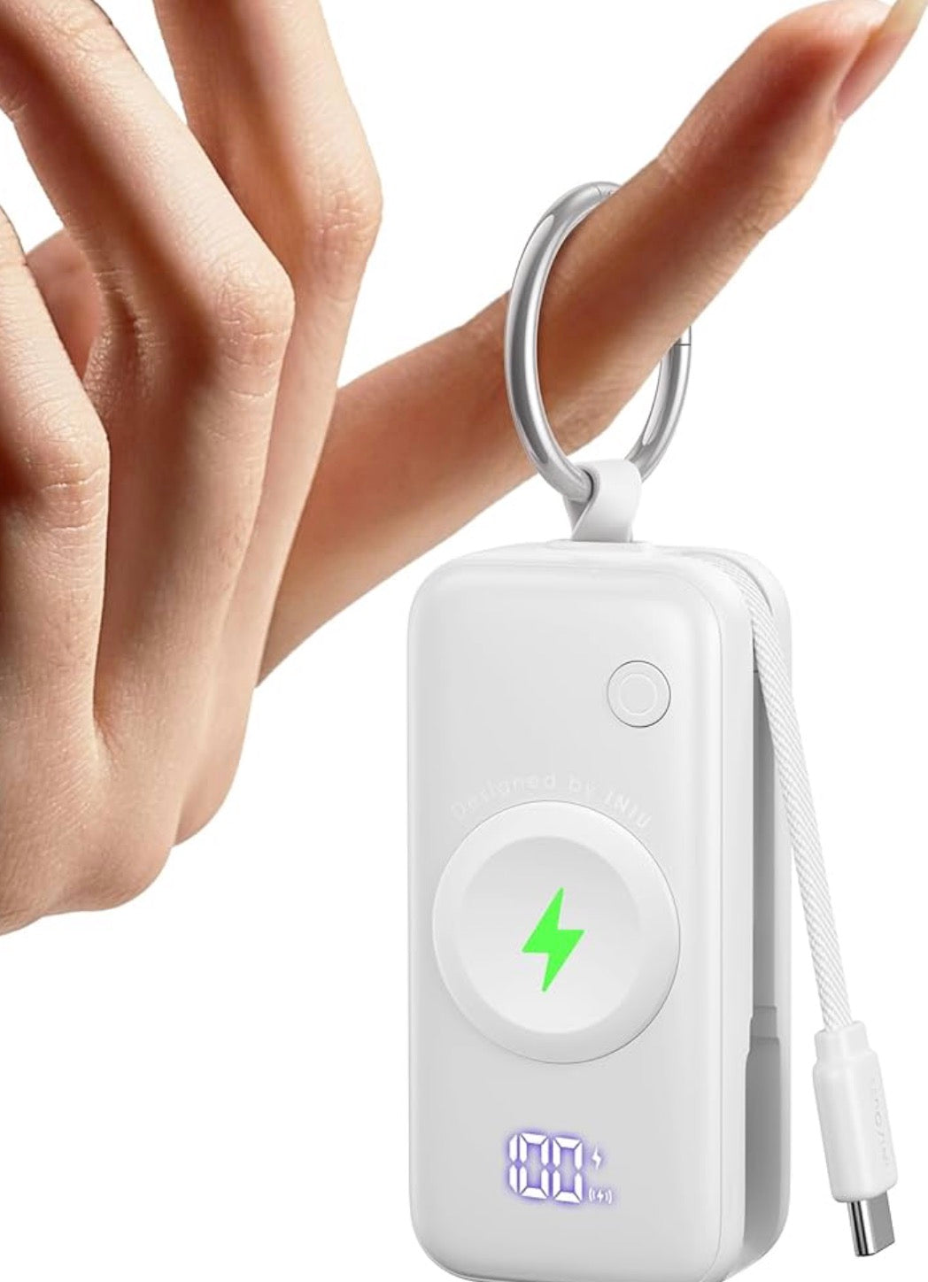 Portable Charger, 5000mAh Power Bank for Apple Watch, 20W PD Fast Charging with Built-in USB C Cable - White